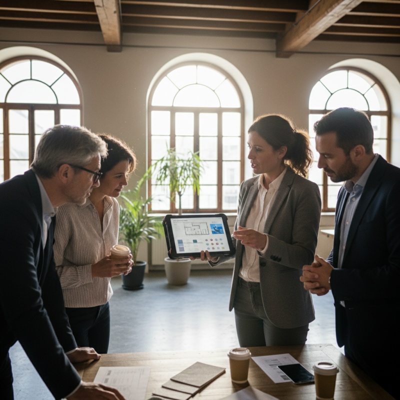 Assistant à maîtrise d'ouvrage (AMO) expliquant un projet de rénovation à des copropriétaires et leur syndic