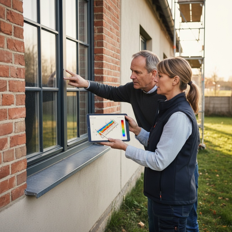 Expert AMO en rénovation énergétique analysant la façade d'une maison avec un propriétaire