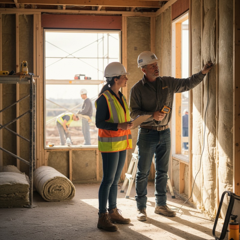 Assistant à maîtrise d'ouvrage (AMO) contrôlant la qualité des travaux d'isolation sur un chantier de rénovation énergétique