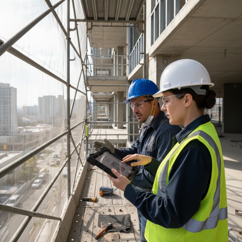 Expert en suivi de chantier discutant des plans avec un artisan sur un projet de rénovation en copropriété.