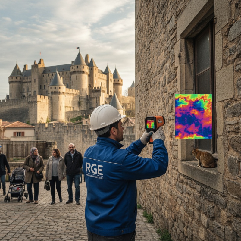 Technicien RGE réalisant un audit énergétique sur une maison en pierre à Carcassonne