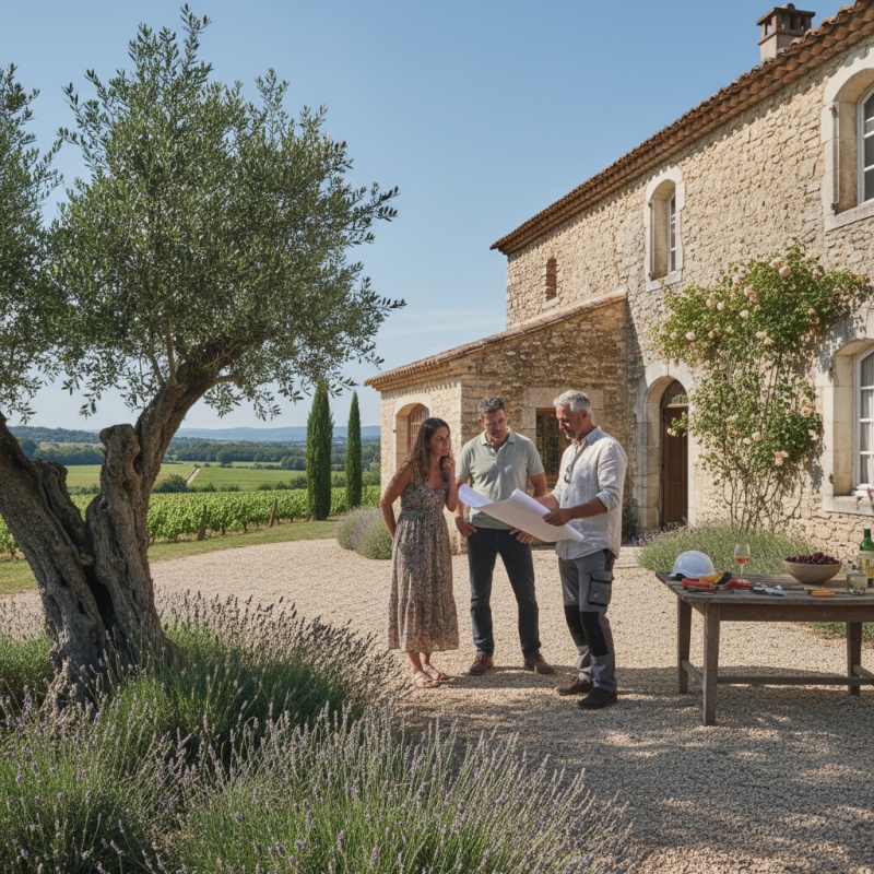 Expert en rénovation discutant des plans d'un audit énergétique avec des propriétaires dans l'Aude