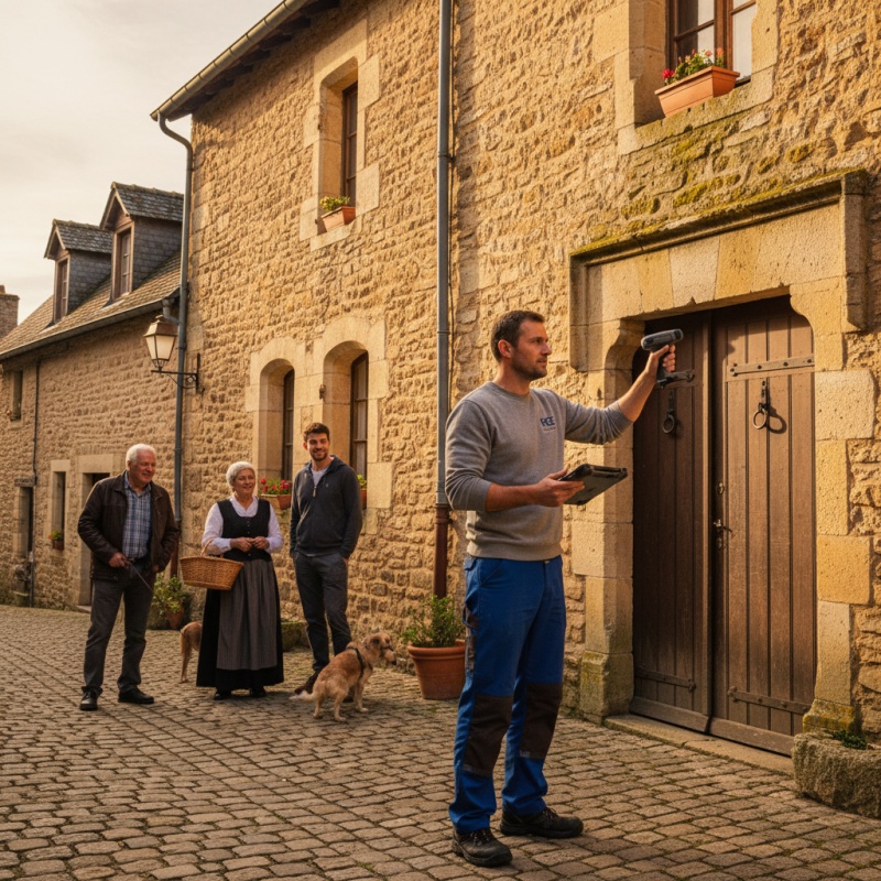 Technicien RGE réalisant un audit énergétique sur une maison en pierre à Caylus