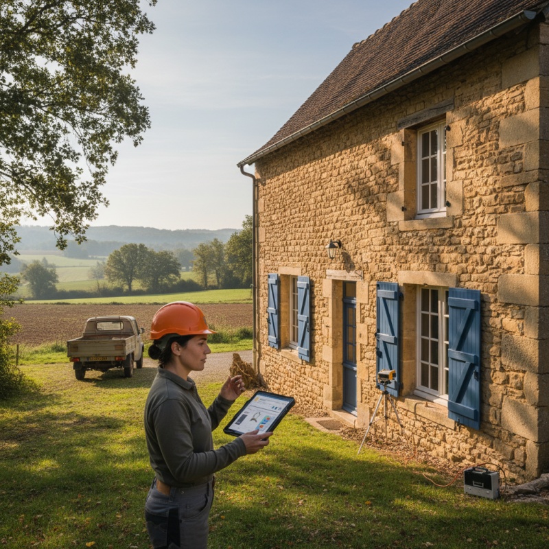 Technicien RGE réalisant un audit énergétique sur une maison en pierre du Quercy à Figeac