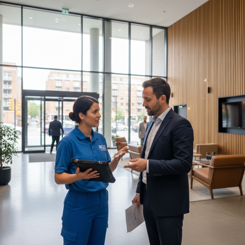 Technicien RGE discutant des points de contrôle d'un audit énergétique avec un syndic de copropriété.