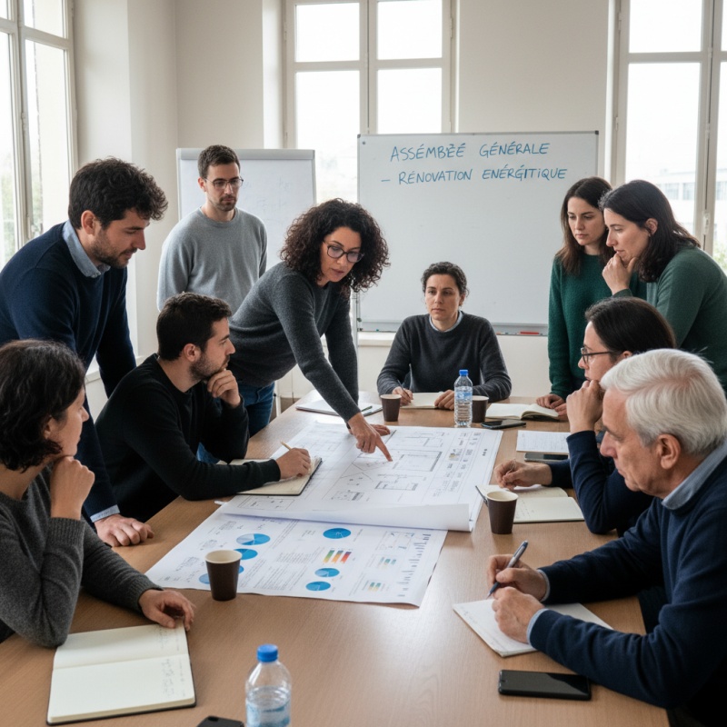 Copropriétaires étudiant le rapport d'audit énergétique lors d'une assemblée générale.