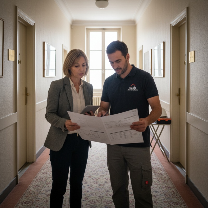 Expert RGE discutant des résultats d'un audit énergétique avec un membre du conseil syndical.