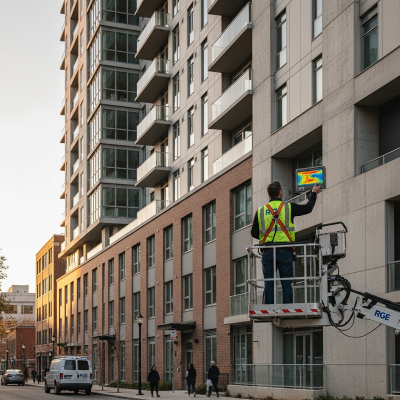 Technicien RGE réalisant une analyse thermique sur la façade d'une grande copropriété.