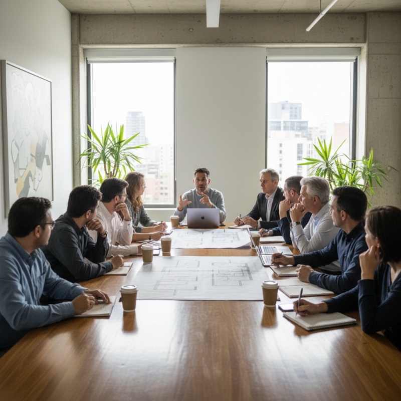 Conseil syndical en réunion pour discuter du plan de travaux de rénovation énergétique.