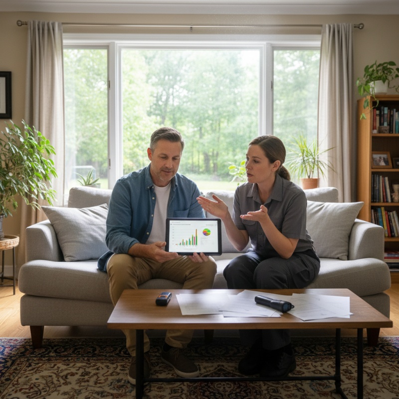 Propriétaire consultant le rapport d'audit énergétique avec un auditeur RGE
