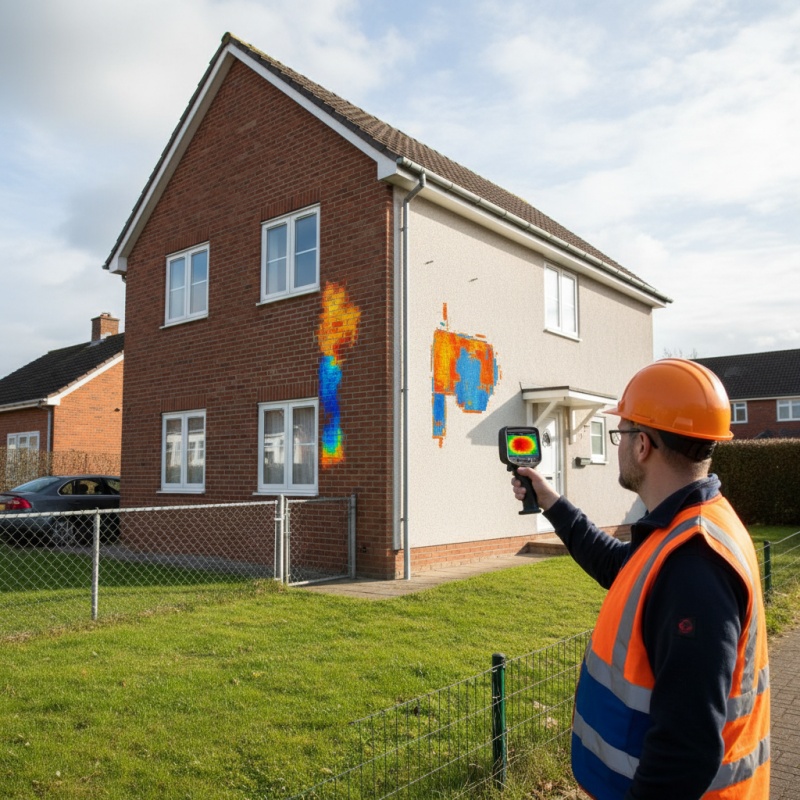 Auditeur RGE réalisant une analyse thermique sur la façade d'un immeuble en monopropriété