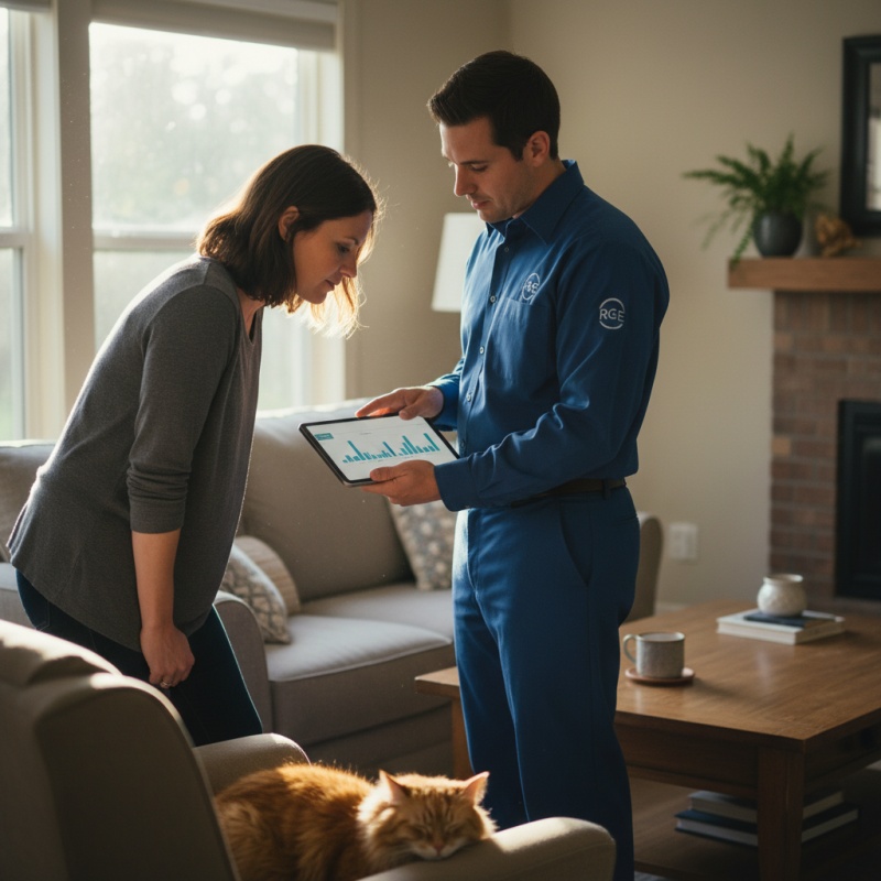 Technicien RGE expliquant les résultats d'un audit énergétique à un particulier propriétaire