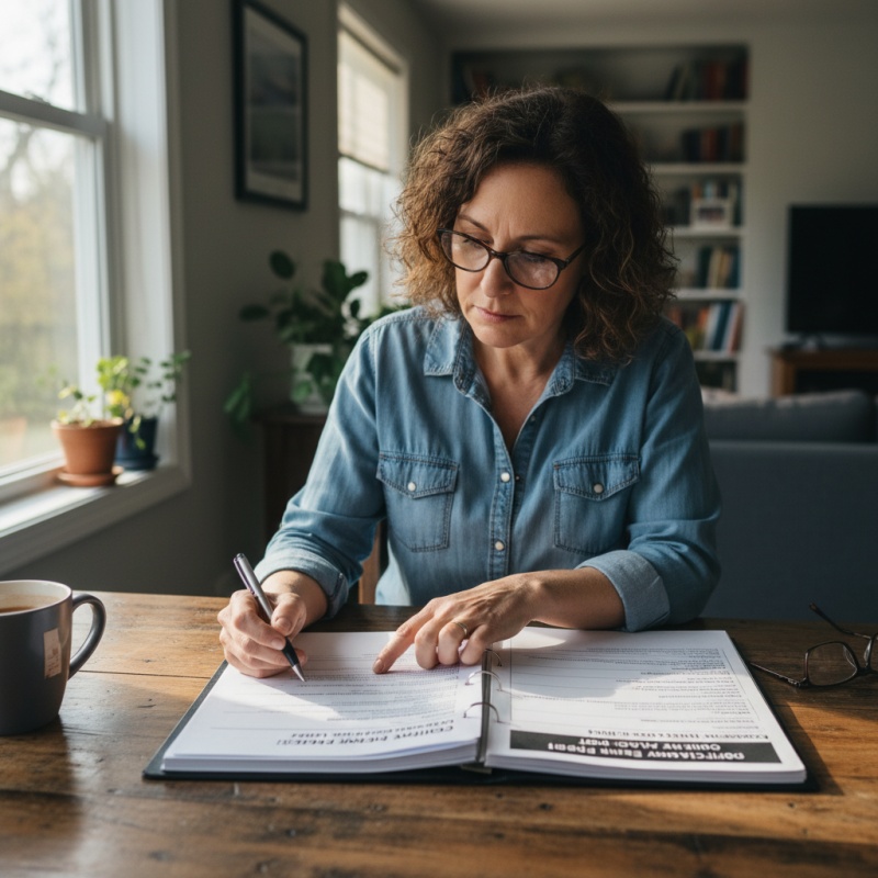 Propriétaire vérifiant les points clés de conformité sur son rapport d'audit énergétique réglementaire