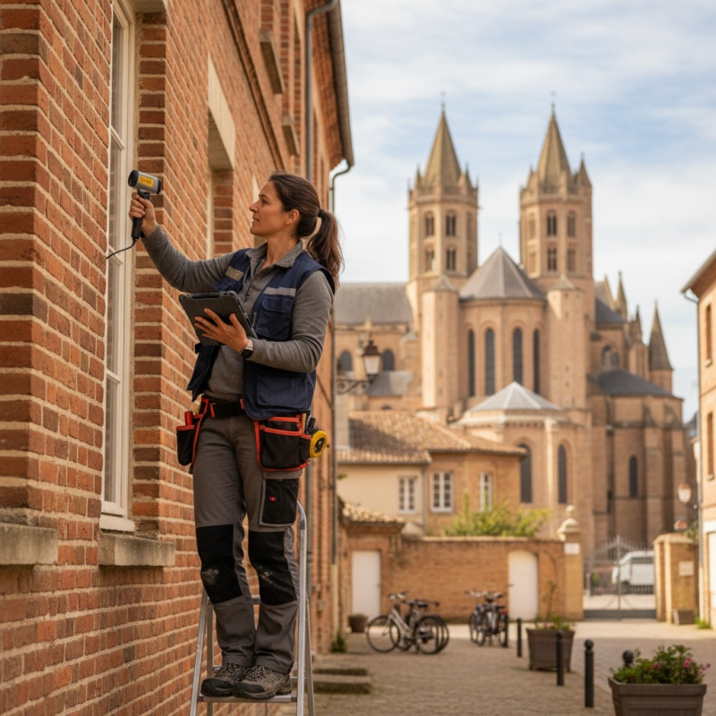 Technicien RGE réalisant un audit énergétique sur une maison en brique rouge à Albi