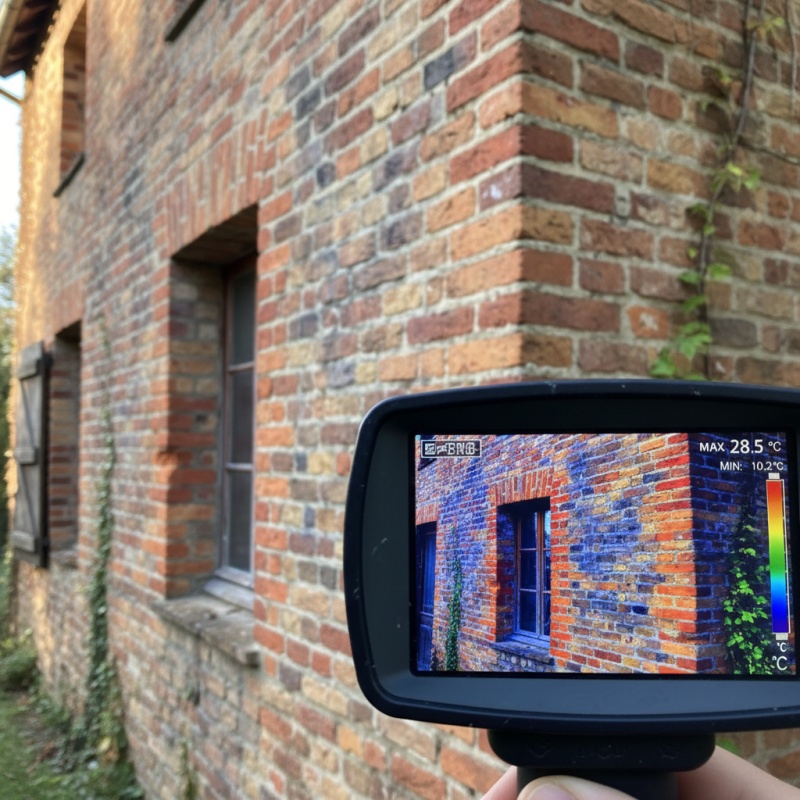 Analyse par caméra thermique d'un mur en brique foraine lors d'un audit énergétique dans le Tarn