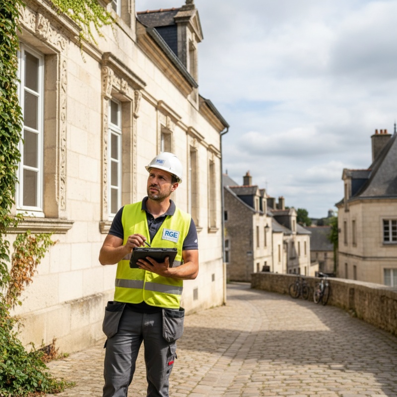 Technicien RGE réalisant un audit énergétique sur une maison en tuffeau à Angers.