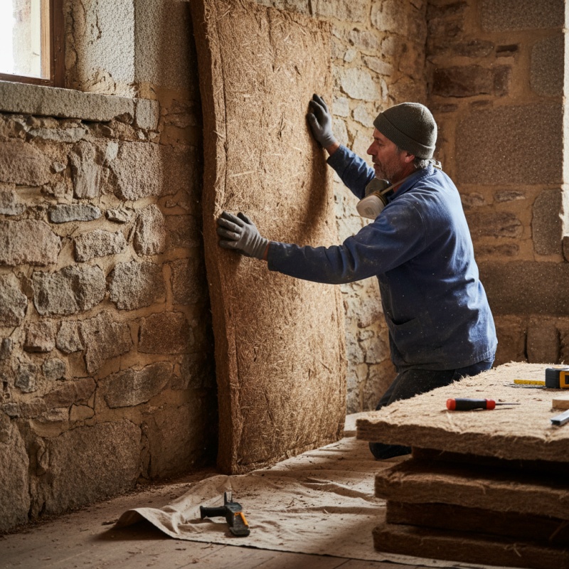 Artisan posant un isolant biosourcé sur un mur en pierre typique de la région angevine.