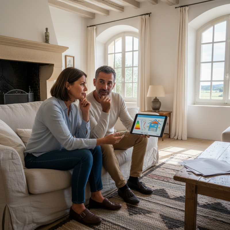 Couple de propriétaires discutant du rapport d'audit énergétique avec un expert à Béziers