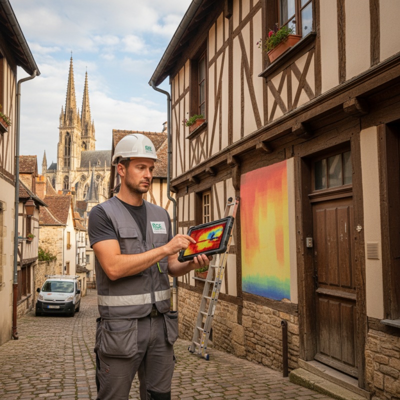Technicien RGE réalisant un audit énergétique sur une maison à colombages à Bourges