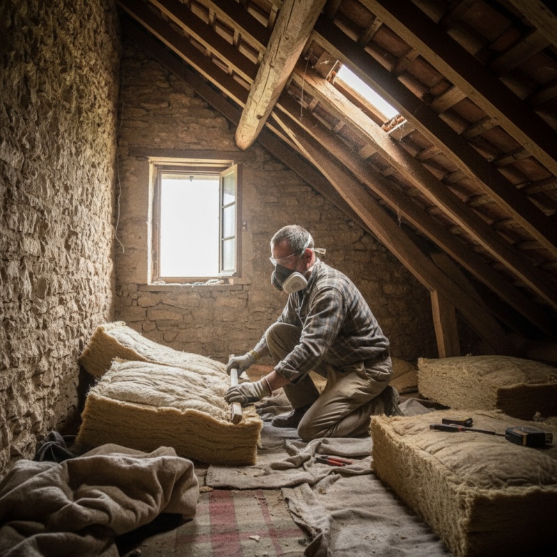 Artisan posant un isolant biosourcé dans les combles d'une maison berrichonne