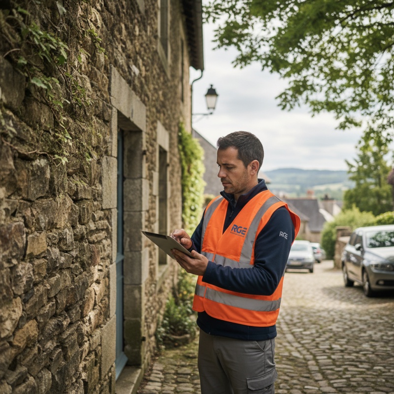 Technicien RGE réalisant un audit énergétique sur une maison en grès à Brive-la-Gaillarde.