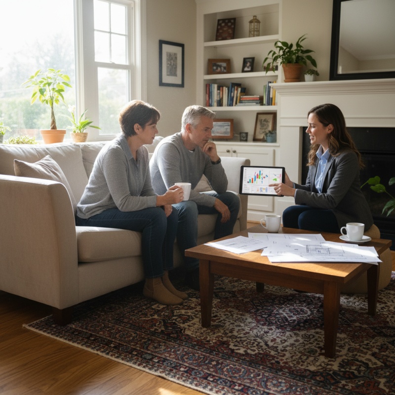 Couple de propriétaires brivistes discutant du rapport d'audit énergétique avec un expert.