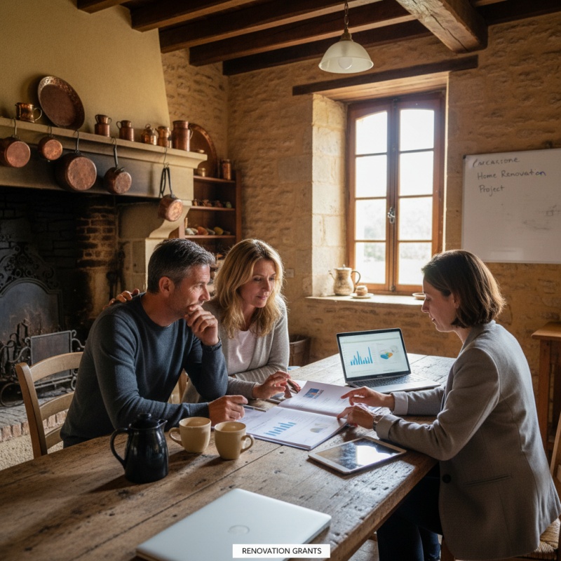 Couple de propriétaires à Carcassonne étudiant les aides financières pour leur rénovation énergétique.