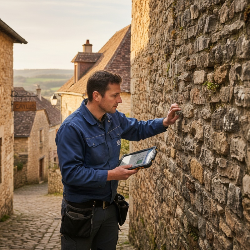 Technicien RGE réalisant un audit énergétique sur une maison en pierre à Caylus