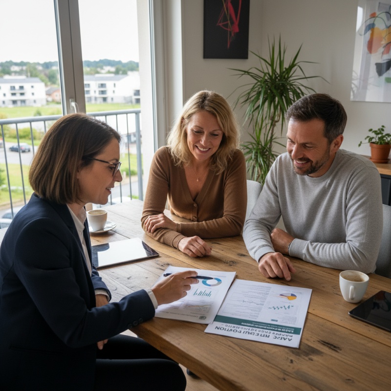 Couple de Cergyssois consultant un rapport d'audit énergétique avec une experte RGE.
