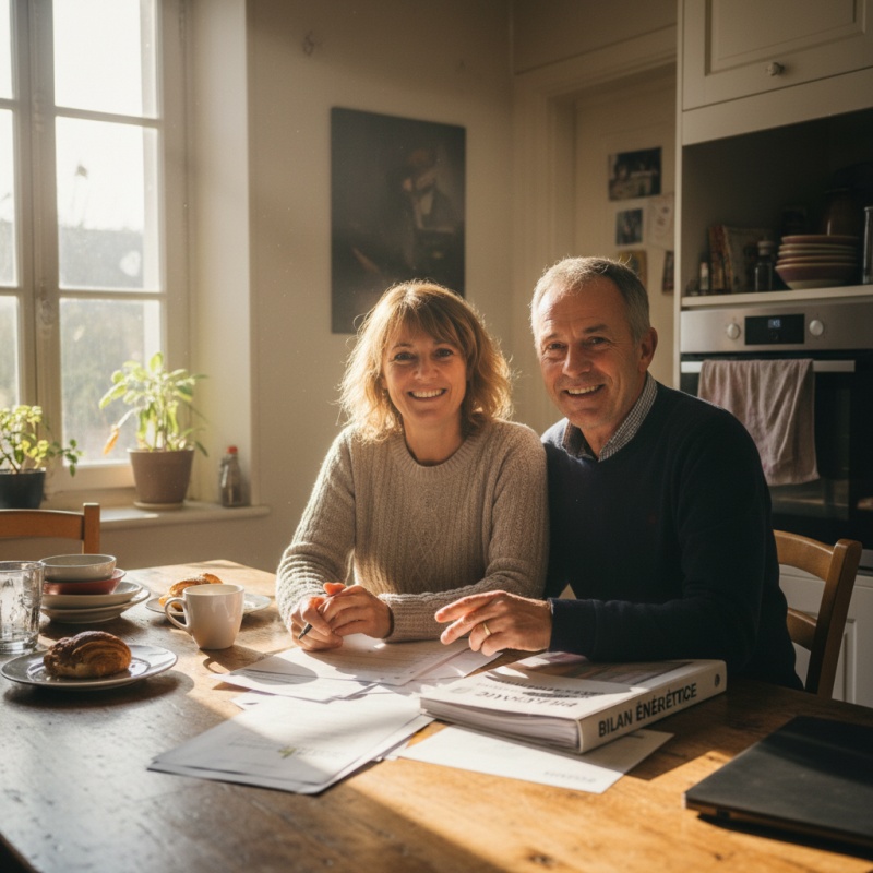 Couple de propriétaires à Cholet consultant le rapport d'audit énergétique et les aides financières disponibles.
