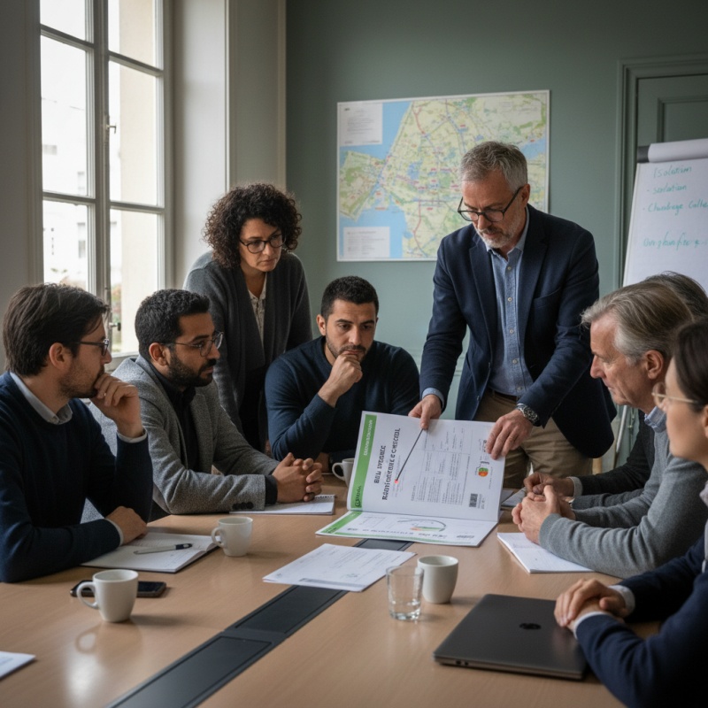 Syndic de copropriété et propriétaires étudiant un rapport d'audit énergétique à Créteil.