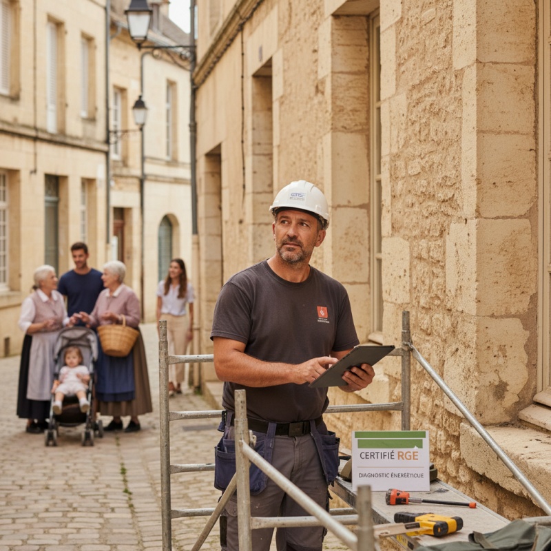 Technicien RGE réalisant un audit énergétique sur une façade en pierre à Figeac