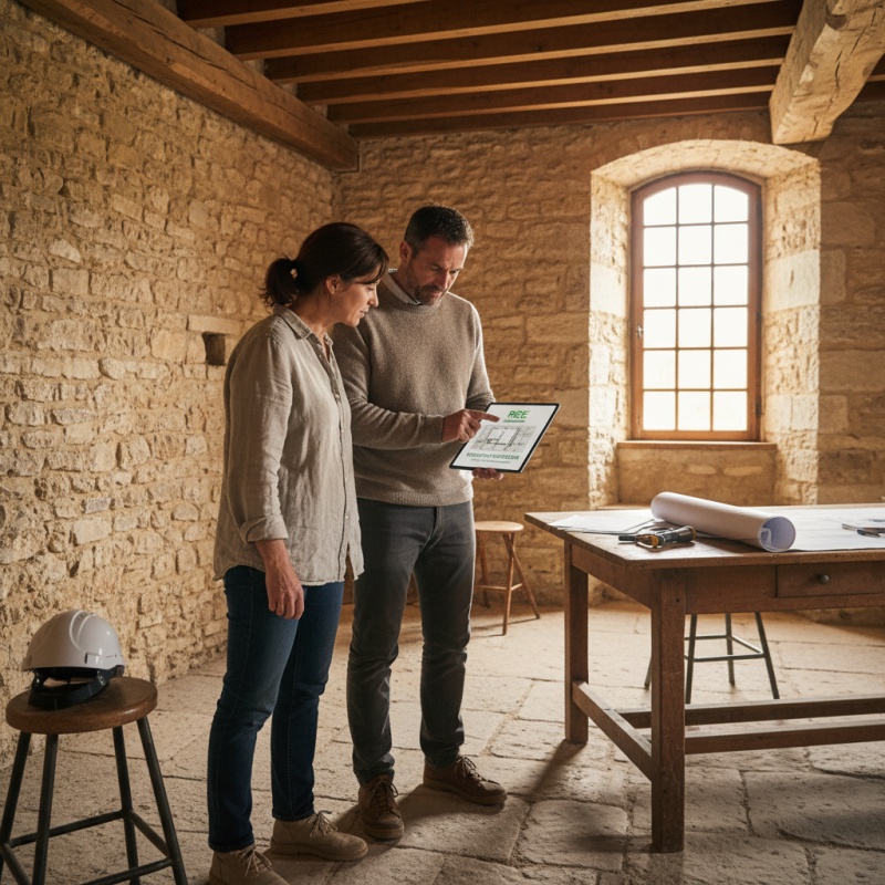 Propriétaires discutant des scénarios de rénovation d'une maison quercynoise avec un expert