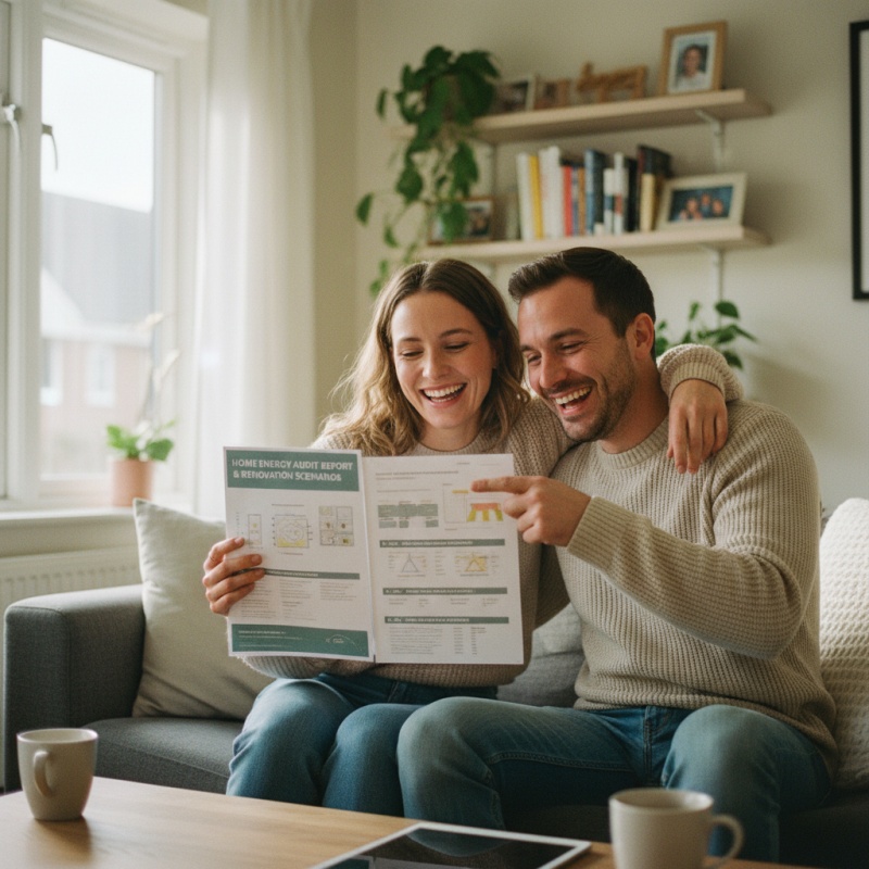 Couple yonnais consultant le rapport d'audit énergétique pour leur projet de rénovation en Vendée.