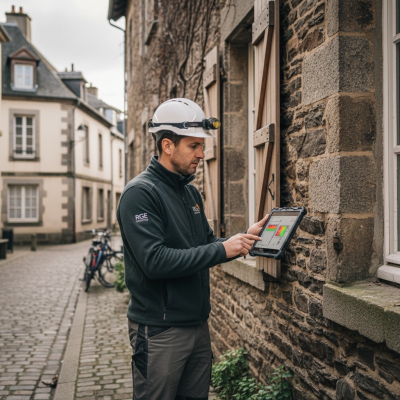 Technicien RGE réalisant un audit énergétique sur une maison en schiste à Laval.