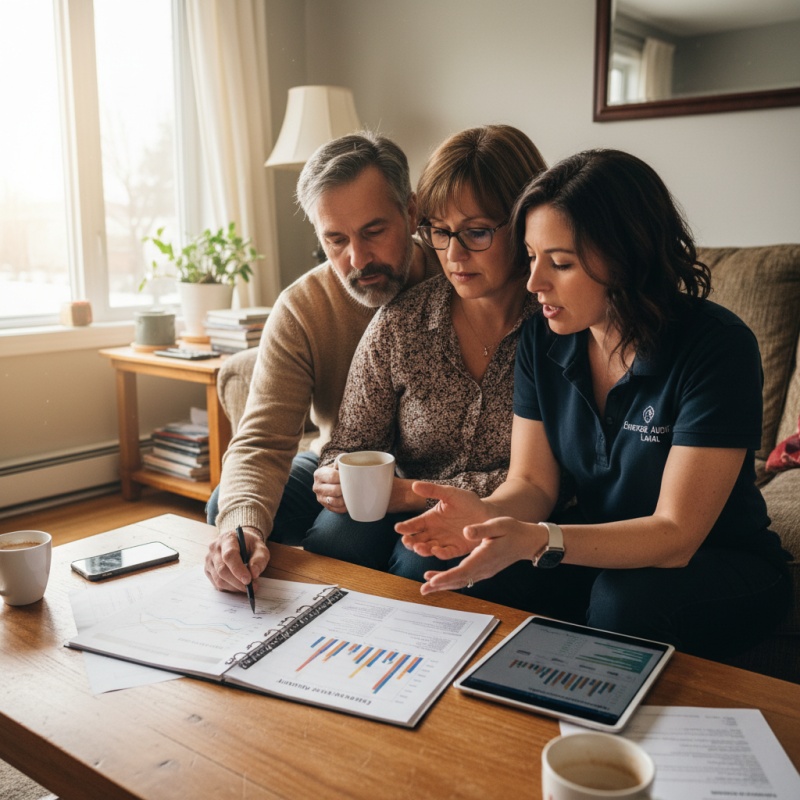 Couple de propriétaires lavallois consultant un rapport d'audit énergétique avec un expert.