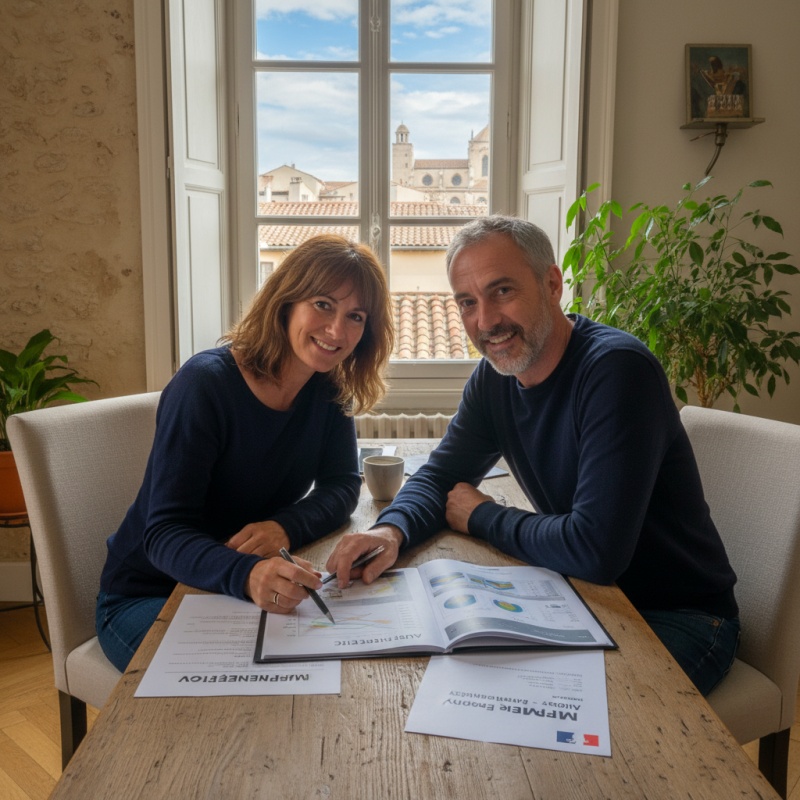 Couple de propriétaires à Montpellier étudiant leur rapport d'audit énergétique et les aides financières.