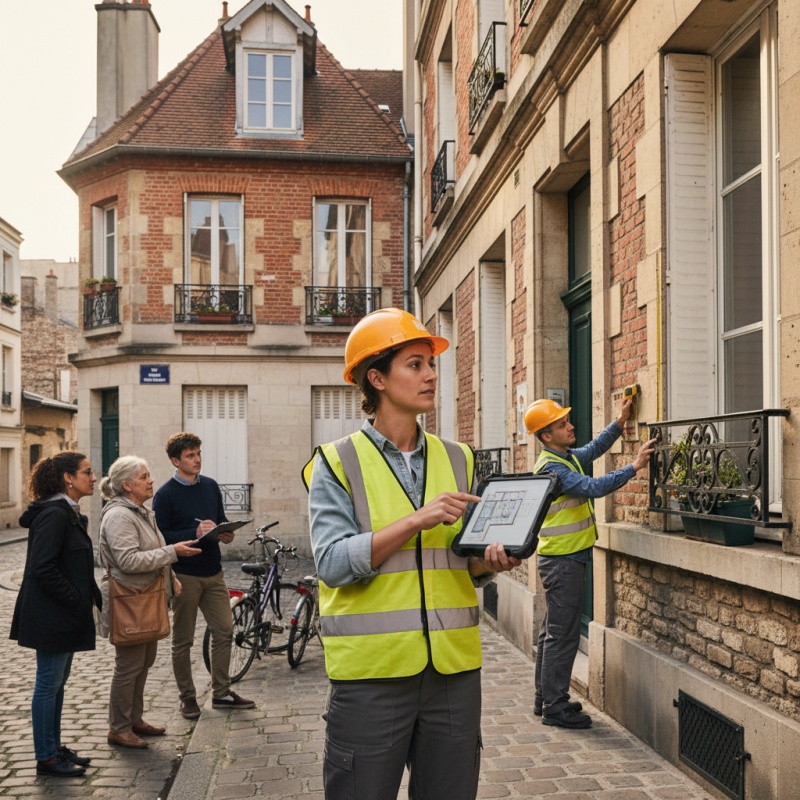 Technicien RGE réalisant un audit énergétique sur une maison de ville à Montreuil