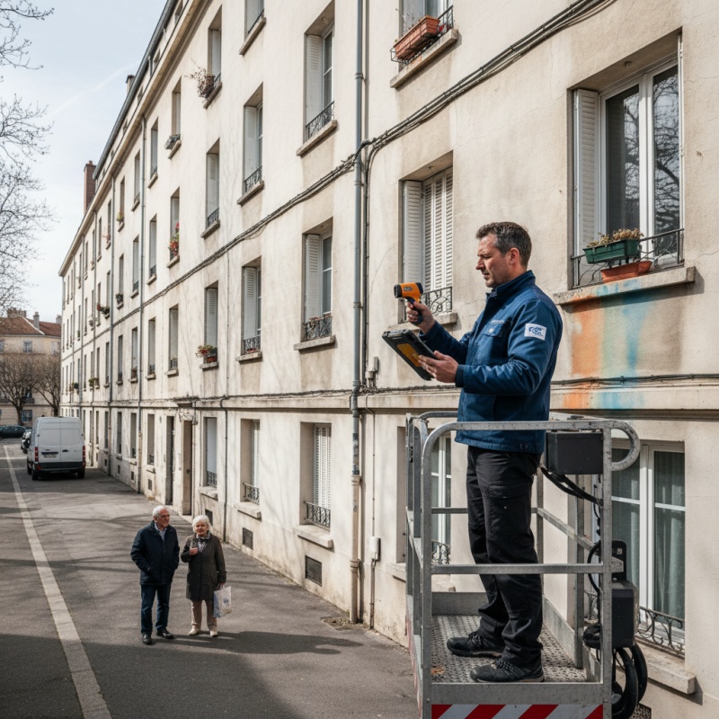Expert RGE réalisant un audit énergétique sur un immeuble à Nanterre.