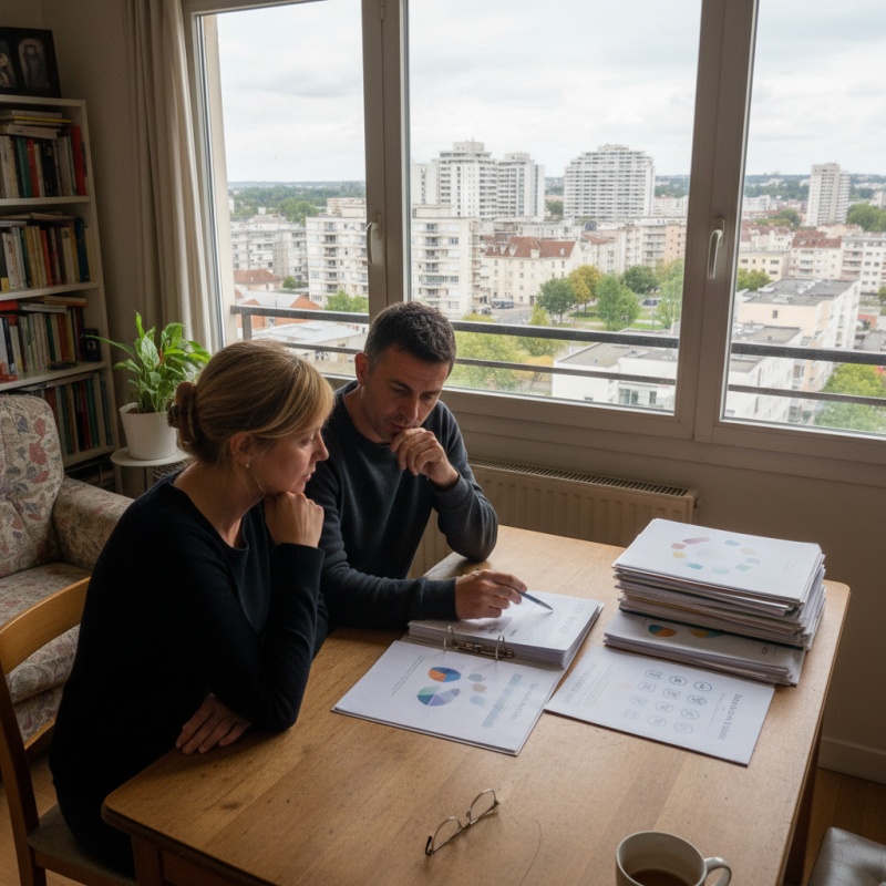 Couple de propriétaires à Nanterre étudiant les aides financières après un audit énergétique.