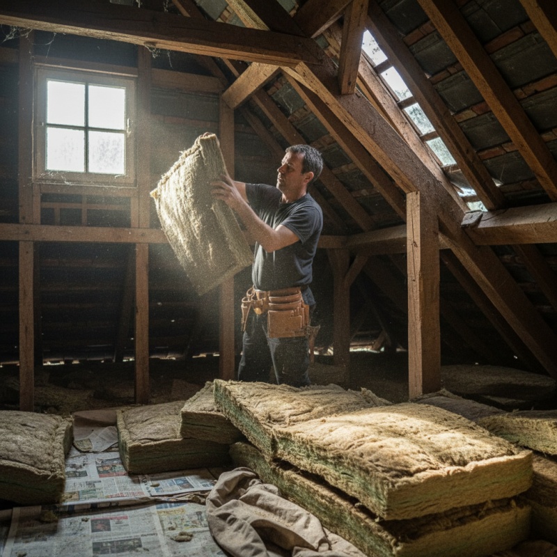 Artisan RGE posant un isolant biosourcé pour la rénovation énergétique d'une maison nantaise.
