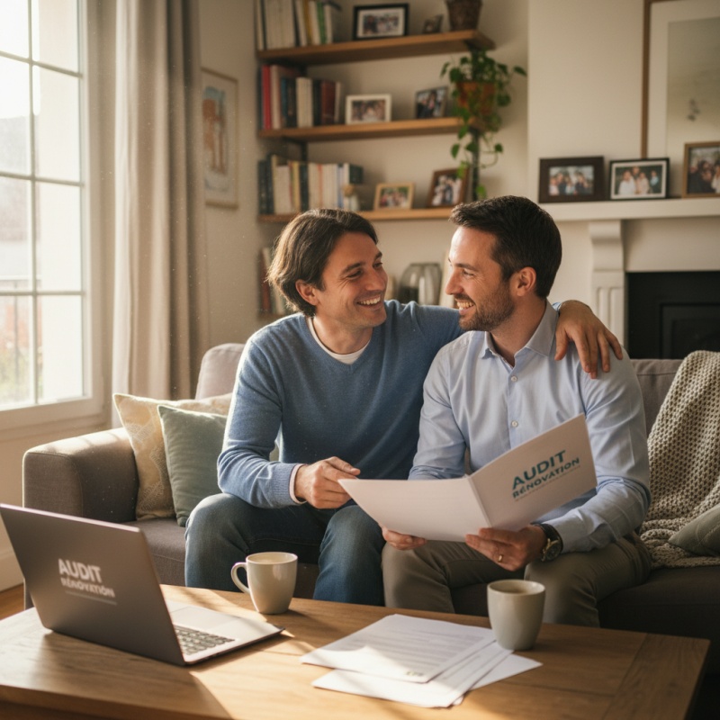 Couple orléanais satisfait consultant le rapport d'audit énergétique pour leur projet de rénovation