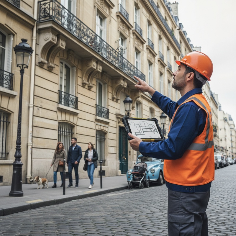 Technicien RGE réalisant un audit énergétique sur la façade d'un immeuble haussmannien à Paris