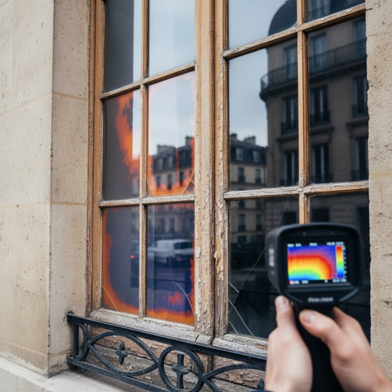 Utilisation d'une caméra thermique pour un audit énergétique sur une fenêtre d'appartement à Paris