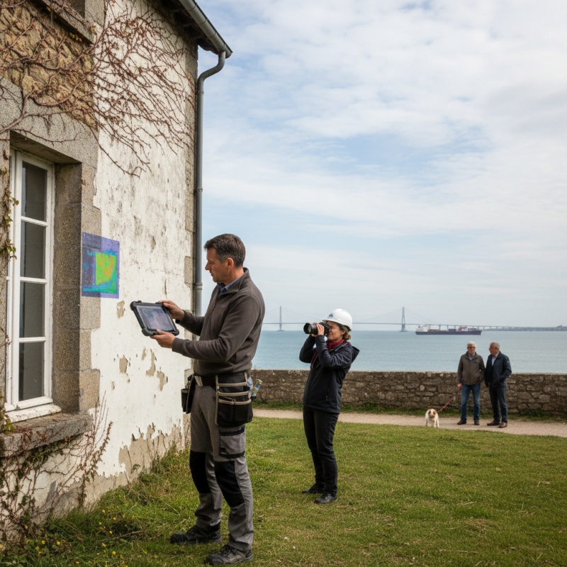Technicien RGE réalisant un audit énergétique sur une maison à Saint-Nazaire face à la mer.