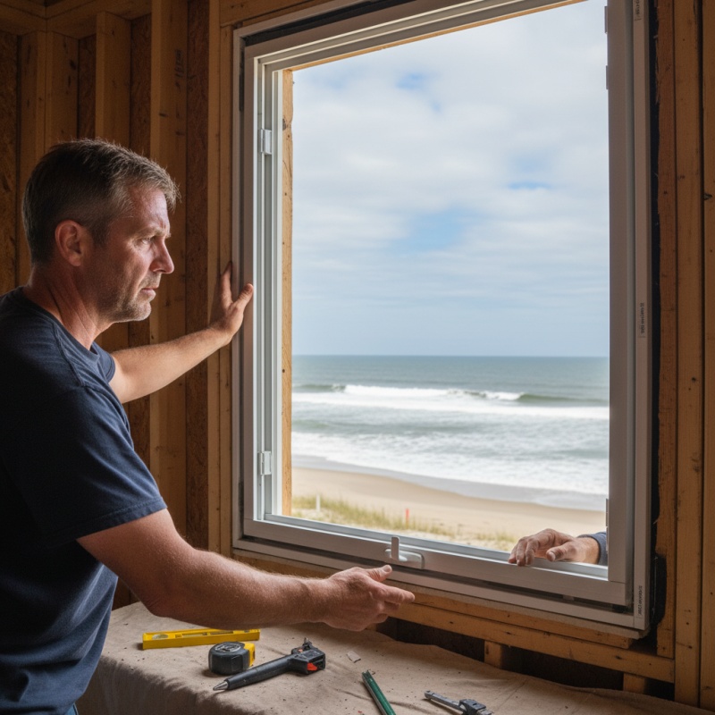 Pose d'une fenêtre résistante à l'air salin, solution post-audit énergétique en bord de mer.