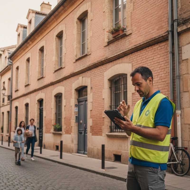 Auditeur RGE réalisant un audit énergétique sur une maison toulousaine en brique rose