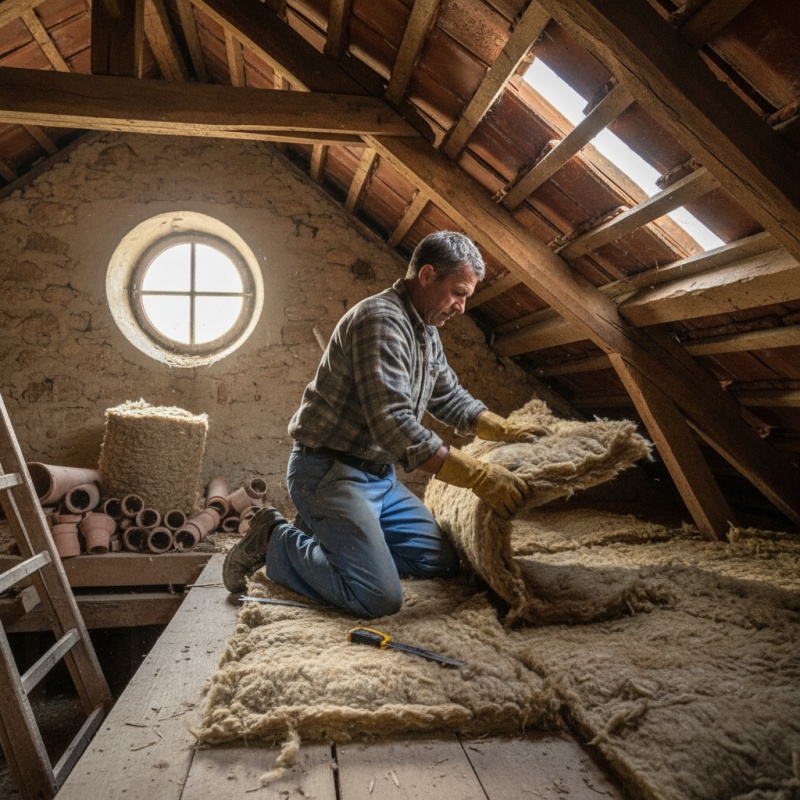 Artisan posant un isolant biosourcé dans les combles d'une maison en rénovation en Haute-Garonne
