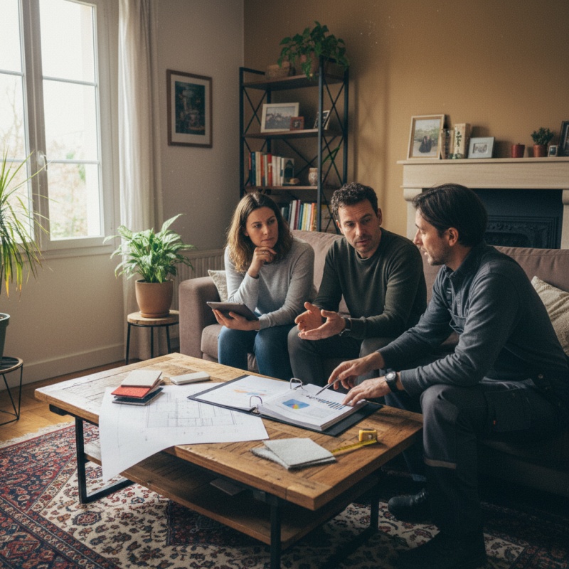 Couple de propriétaires tourangeaux consultant le rapport d'audit énergétique avec un expert