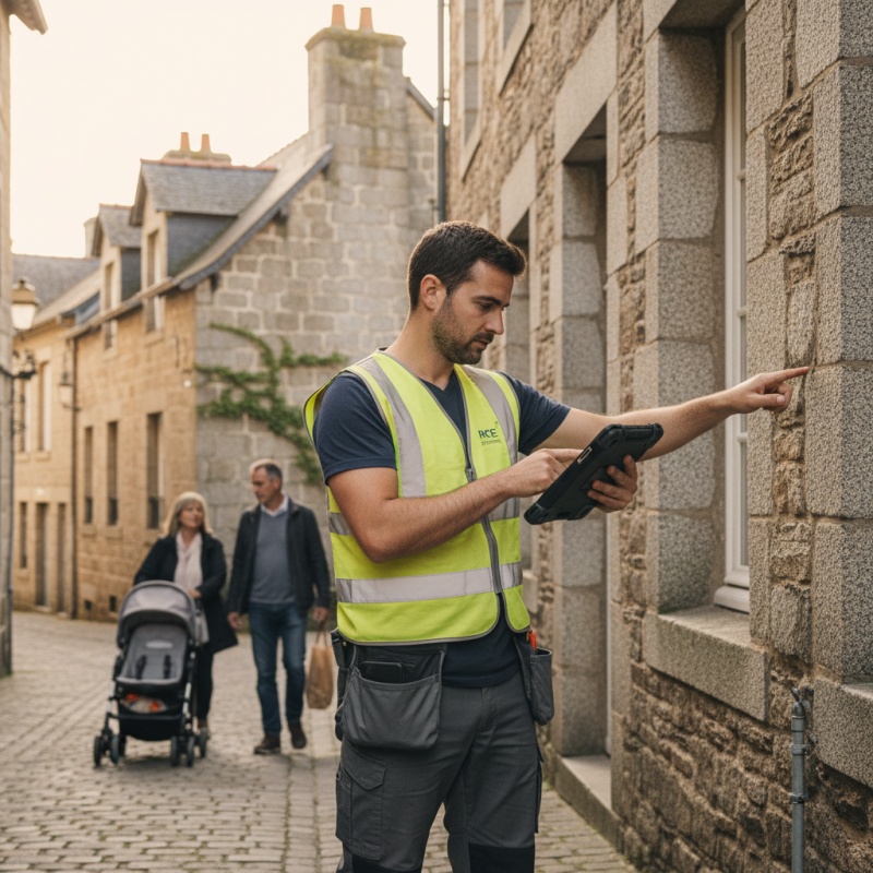 Technicien RGE réalisant un audit énergétique sur une maison en granit à Vannes.